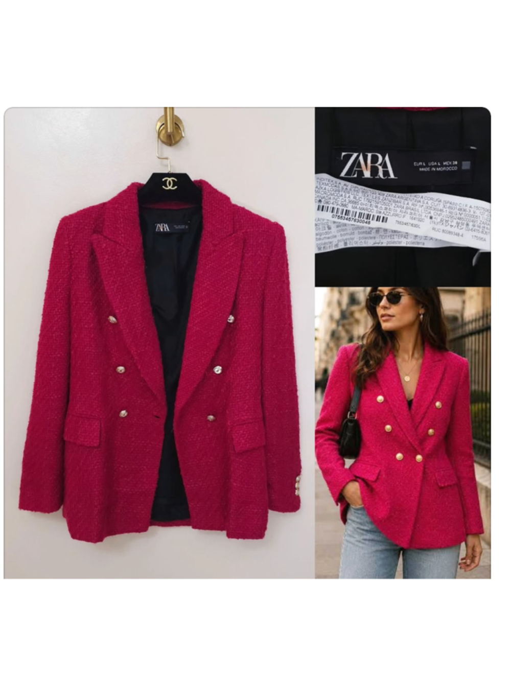 ZARA Tweed Blazer Fuchsia Double Breasted Lapel Button Front Size L